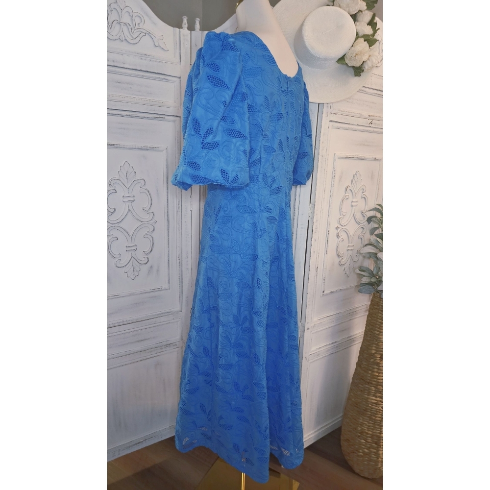 Hyacinth House Ice Blue Bubble-Sleeve Scoop Neck Eyelet Midi Dress - Picture 5 of 8